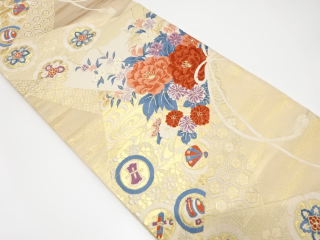 幾何学に花・宝尽くし模様織出し袋帯